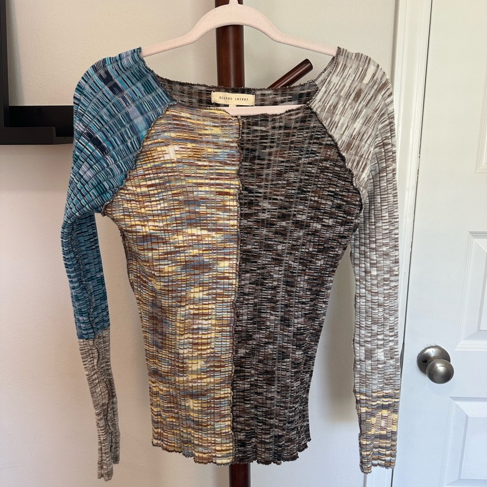 Mixed-Panel Ribbed Long Sleeve Top - Multi